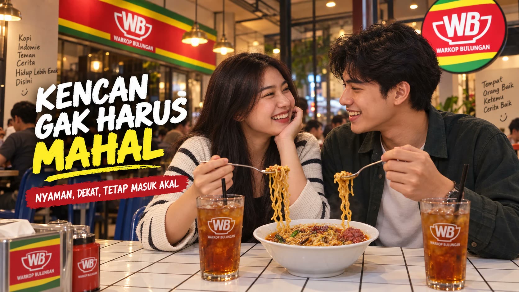 Pasangan berbagi Indomie Nyemek di meja ubin putih
